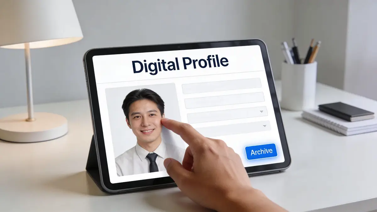 A person pointing at a digital profile screen showing a portrait on a tablet on a desk.