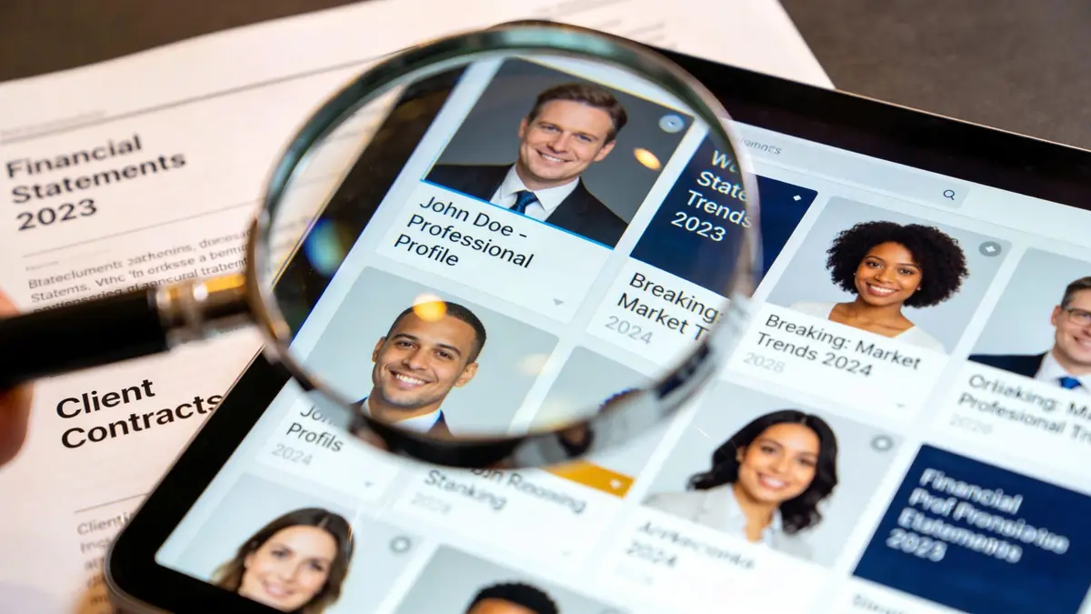 A magnifying glass focusing on professional portraits and financial documents on a digital tablet screen.