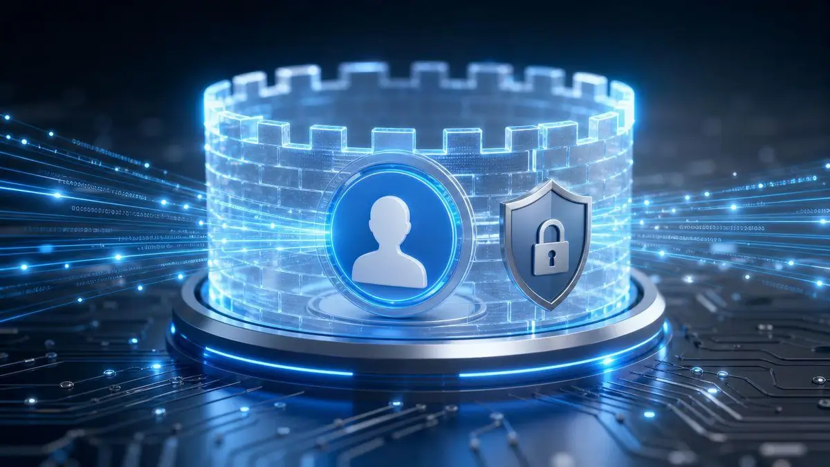 A digital shield representing online security and personal data protection on a high-tech circuit board background.