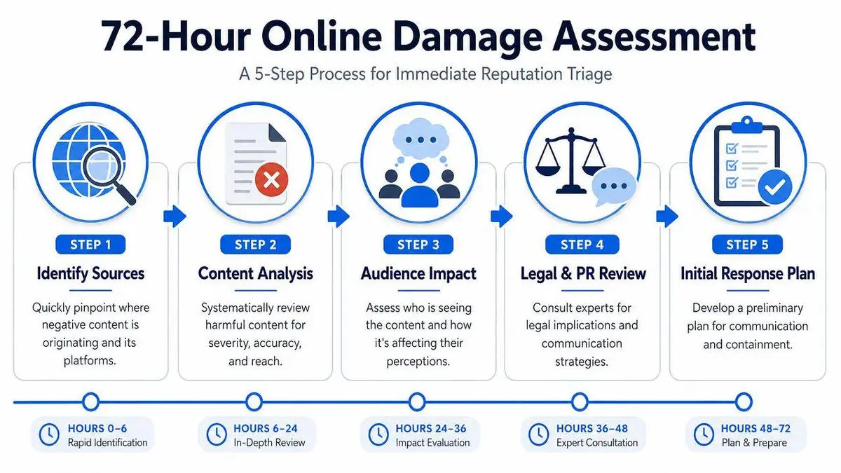 An infographic illustrating a 72-hour online damage assessment process with five sequential reputation management steps.