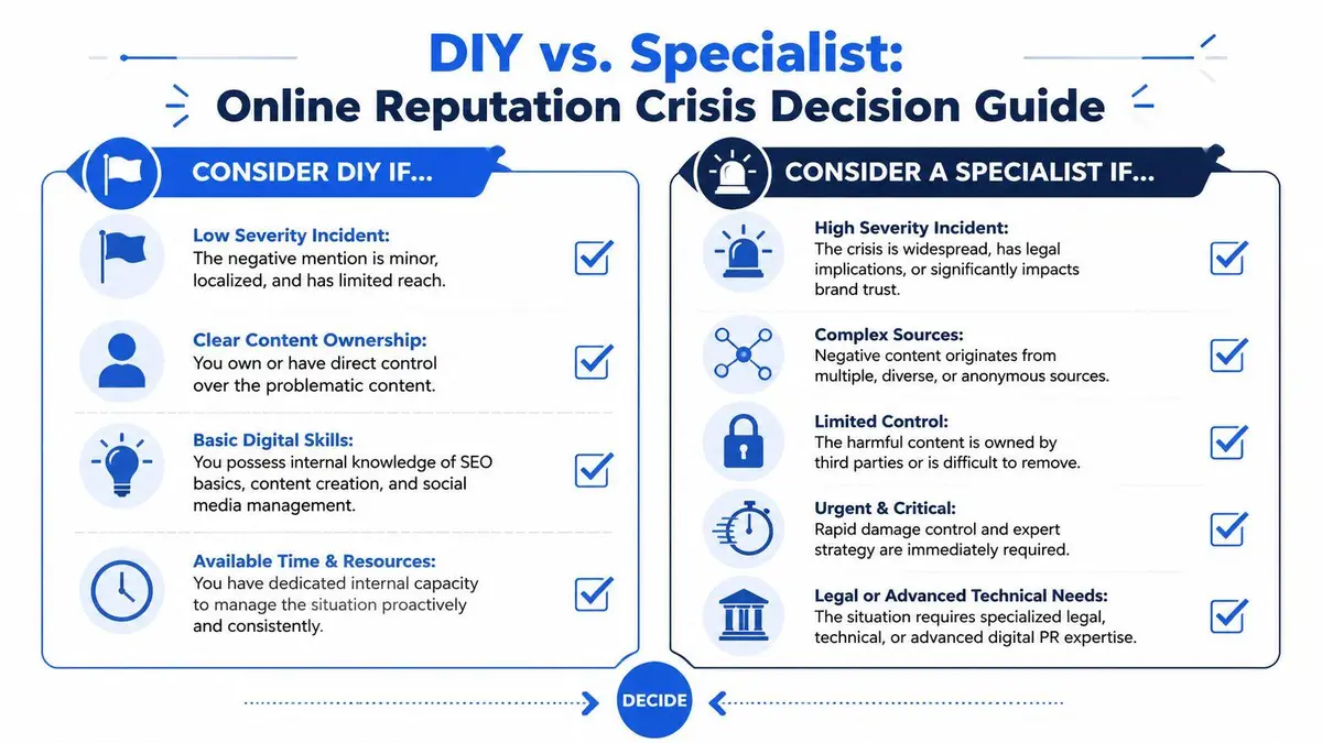 A decision guide for businesses comparing DIY reputation management against hiring specialists during an online crisis.
