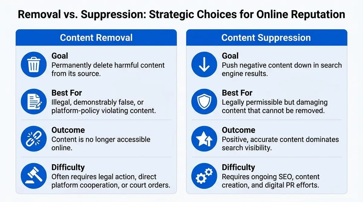 A comparison chart outlining the strategic differences between online content removal and content suppression for reputation management.