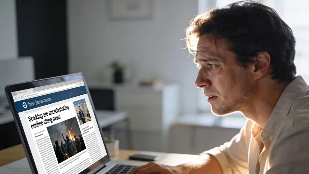 A distressed man looking at a concerning news article on his laptop screen in a bright office.