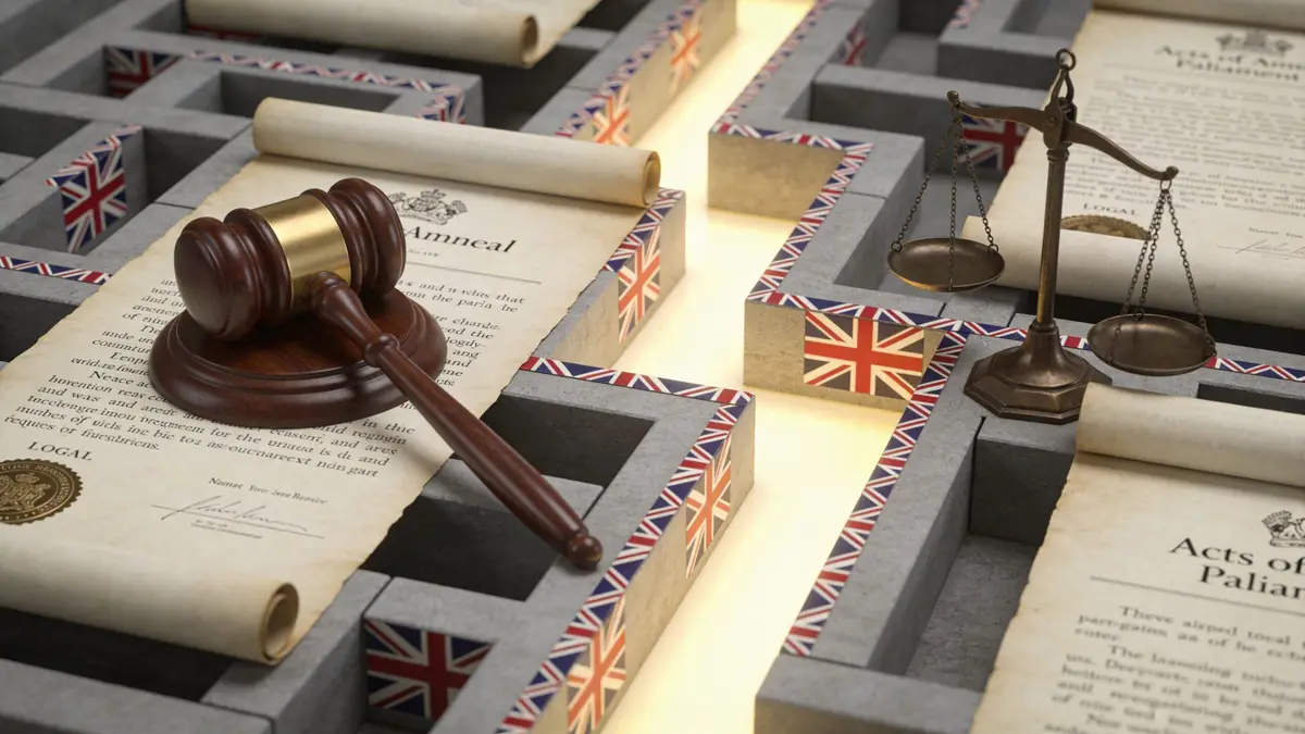 A gavel and scales of justice resting on legal documents within a maze decorated with British flags.