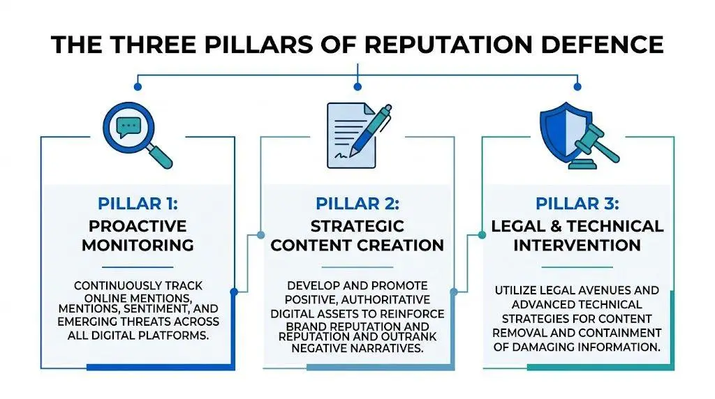 A diagram outlining the three core pillars of reputation defense: proactive monitoring, strategic content creation, and legal intervention.