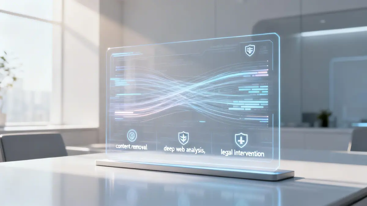 A futuristic digital holographic display on a desk showcasing online reputation management services like content removal and analysis.