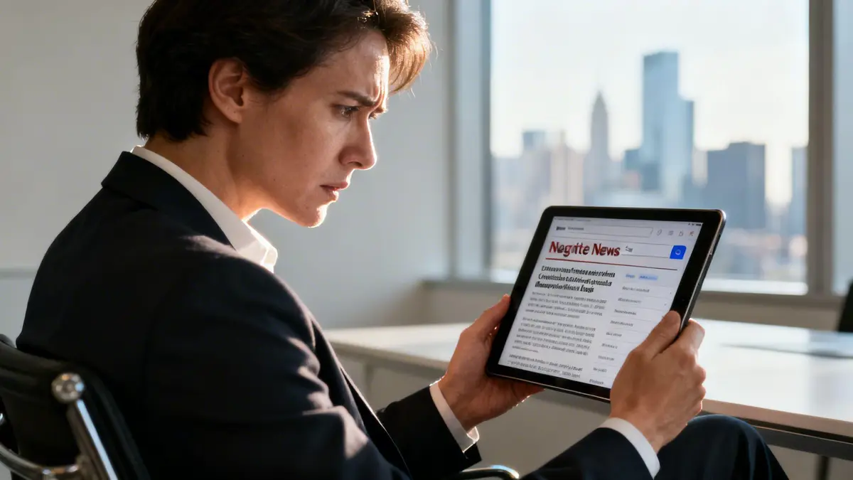 A concerned businessman looking at a tablet showing negative news headlines in a modern corporate office.