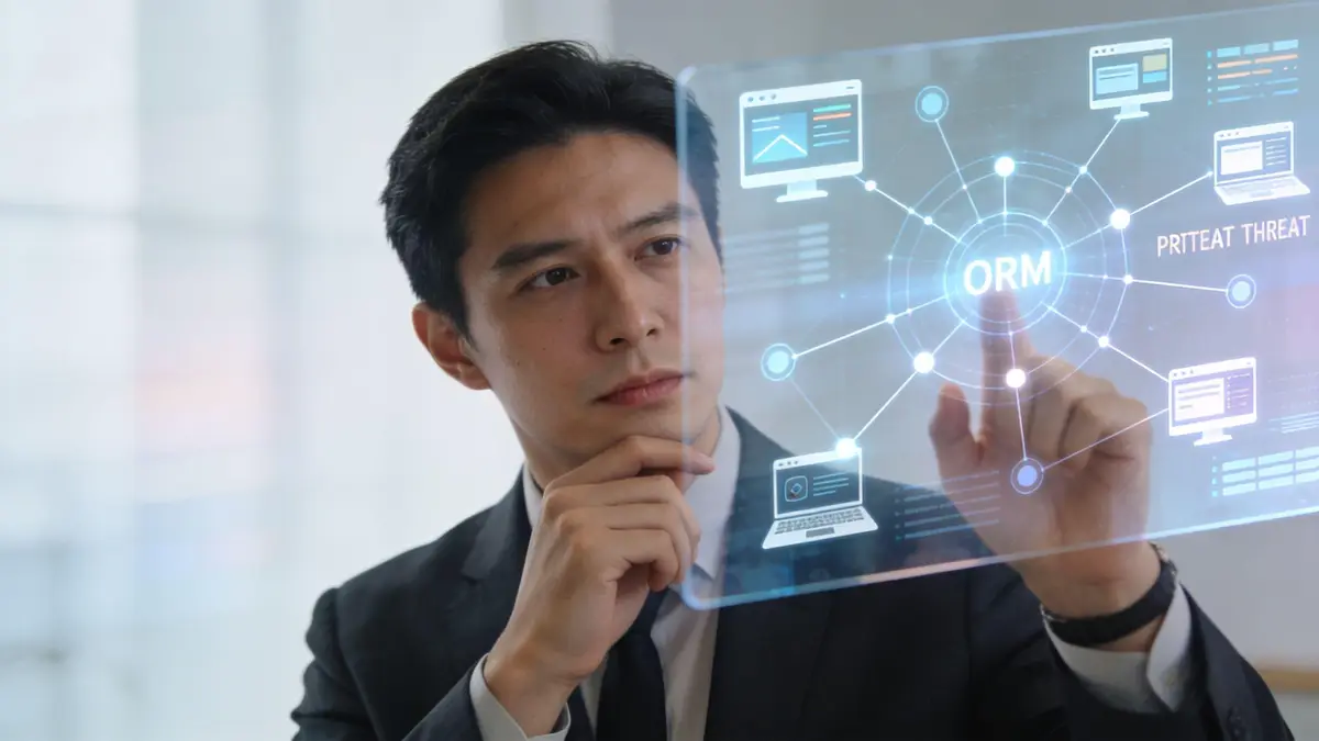 A professional man interacting with a digital holographic interface showcasing online reputation management and cybersecurity threat concepts.