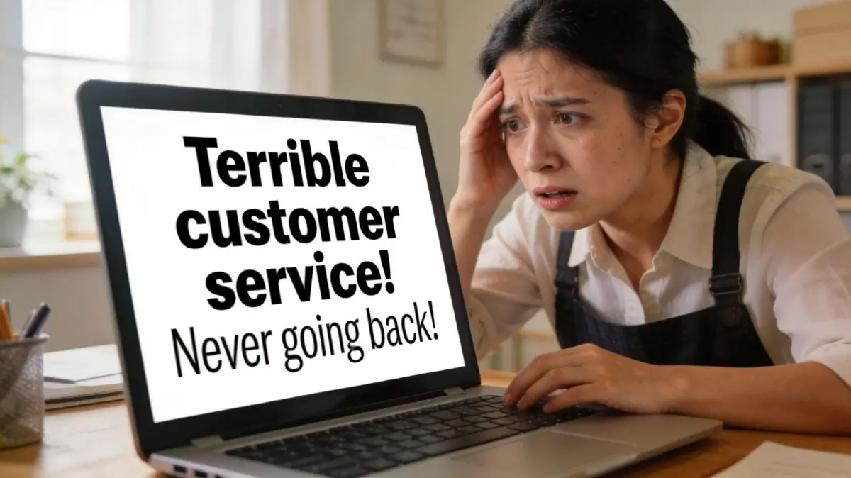 A frustrated woman sits at a desk while looking at a negative customer service review on a laptop.