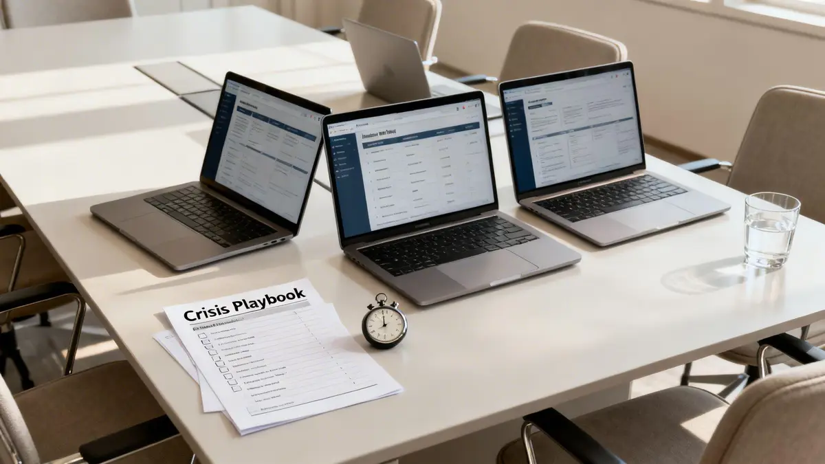 A crisis playbook document, three open laptops, and a stopwatch on a meeting table for strategic planning.