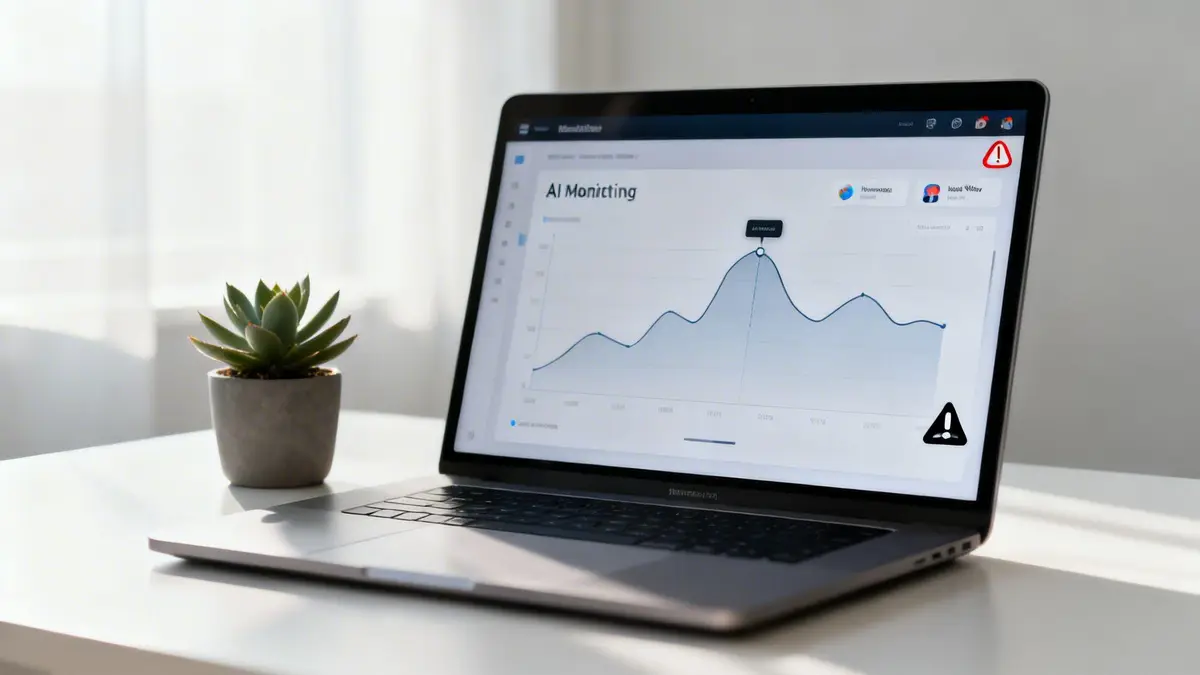 Laptop displaying an AI monitoring graph on a white desk with a succulent plant.