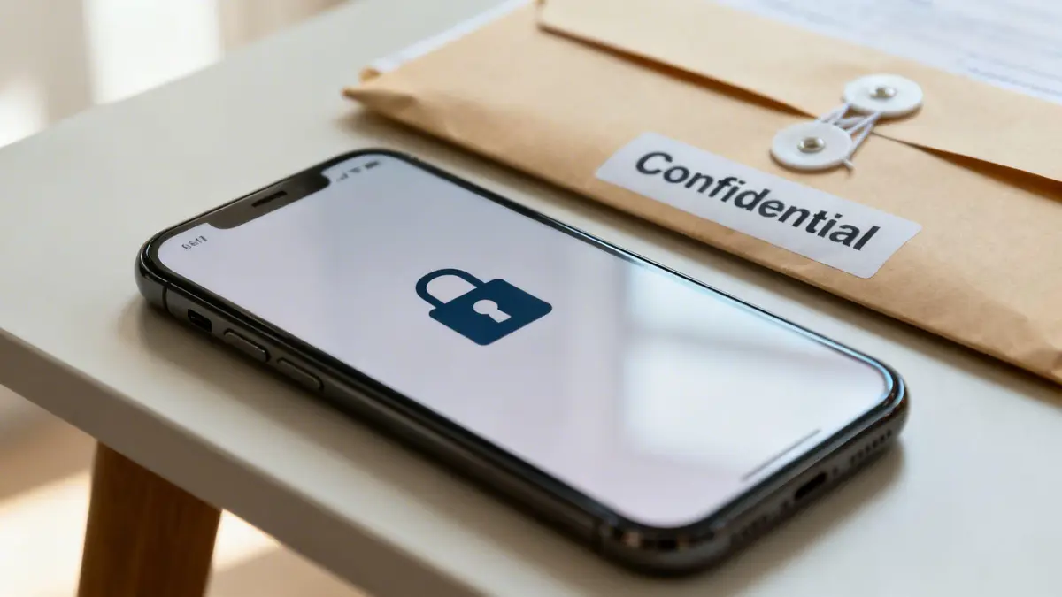 A smartphone with a lock icon next to a confidential envelope, symbolizing digital and physical security.
