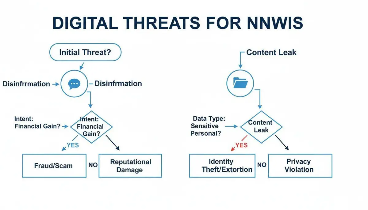 Flowchart illustrating digital threats like disinformation, fraud, content leaks, identity theft, and privacy violations.