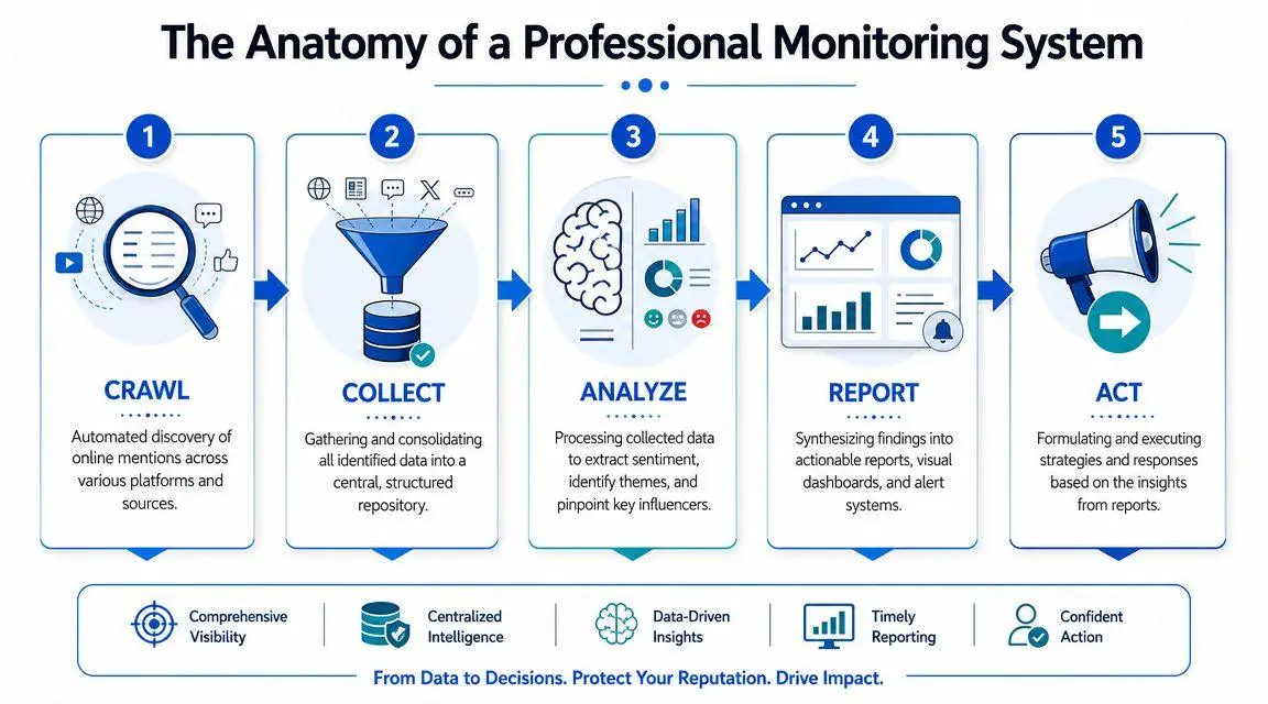 A diagram illustrating the five-step process of a professional online monitoring and reputation management system.