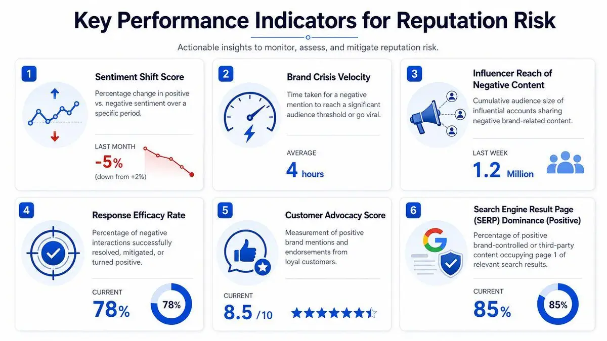 A diagram displaying six key performance indicators for monitoring and assessing business reputation risk effectively.