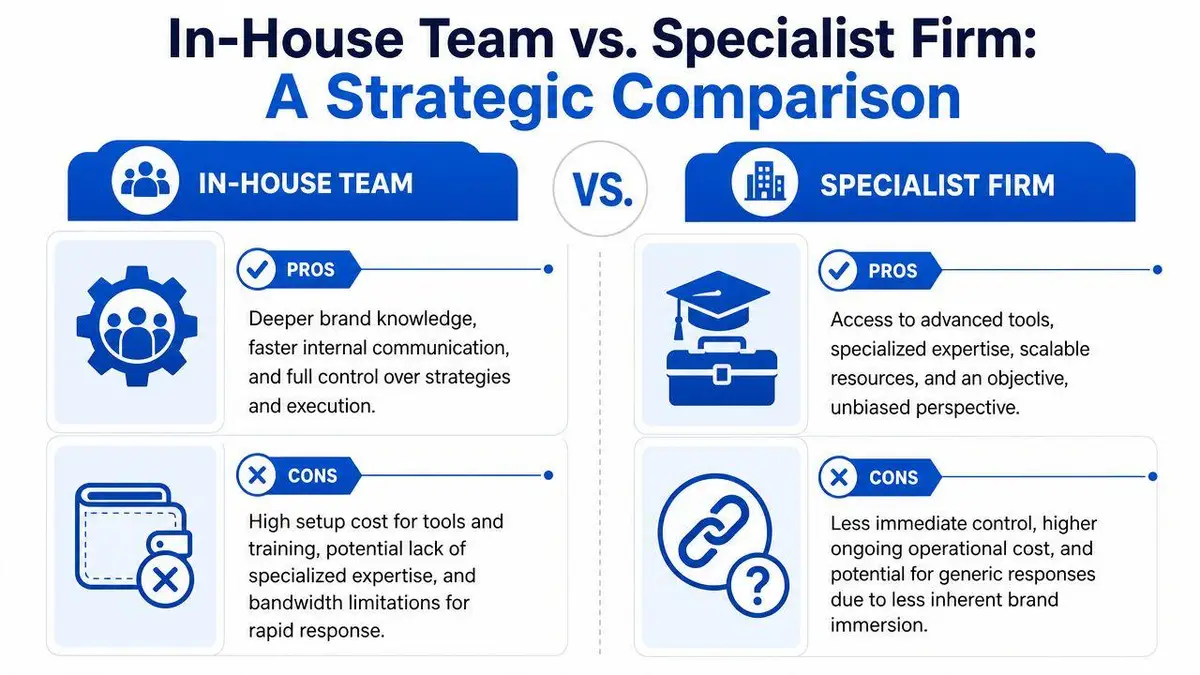 A strategic comparison chart between an in-house team and a specialist firm highlighting their respective pros and cons.