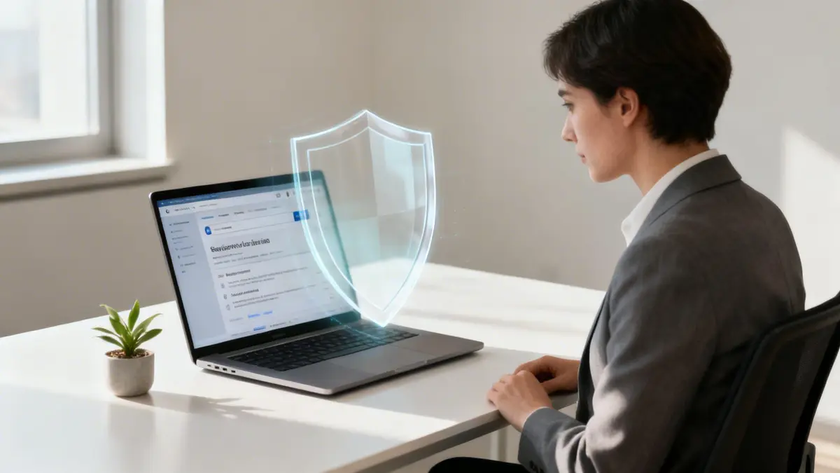 A professional looks at a laptop displaying a glowing shield icon, symbolizing digital data security and protection.