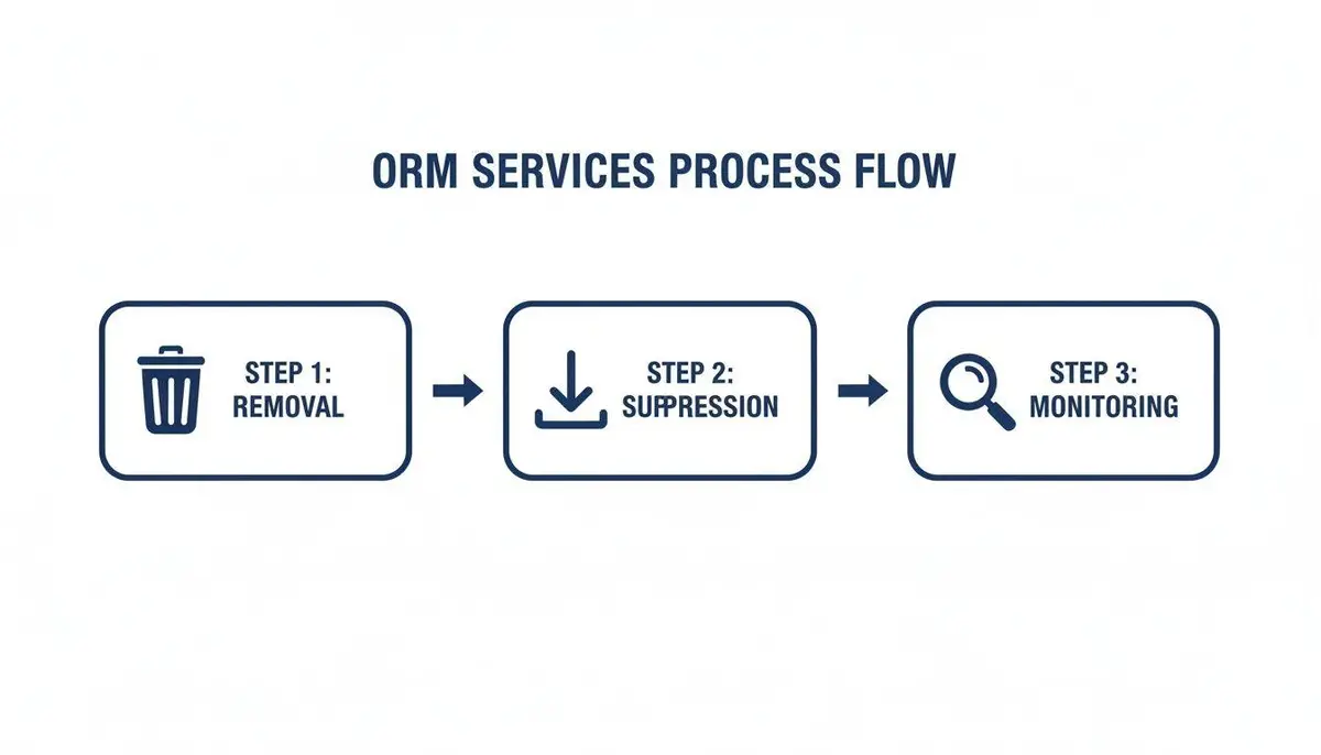 A flowchart showing the ORM services process flow: Step 1 Removal, Step 2 Suppression, and Step 3 Monitoring.