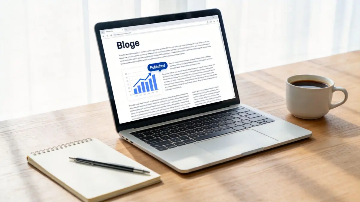 A modern laptop displaying a business blog post next to a cup of coffee and a notebook.