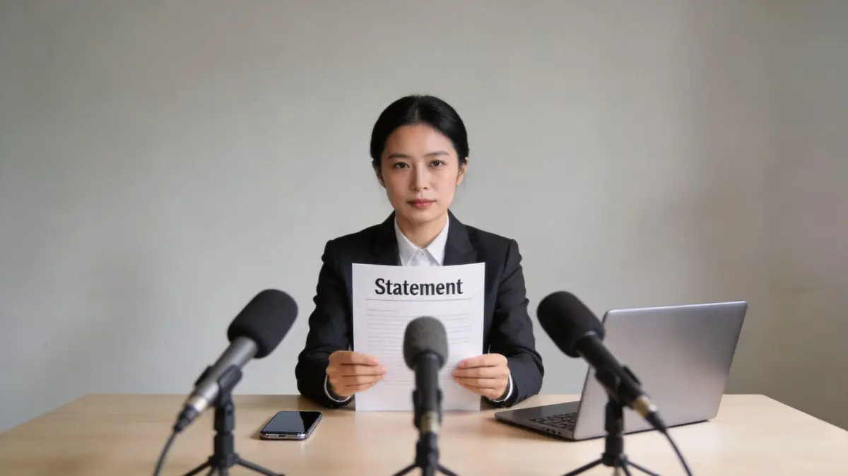 A professional woman in a suit reading a press statement behind microphones on a conference table.