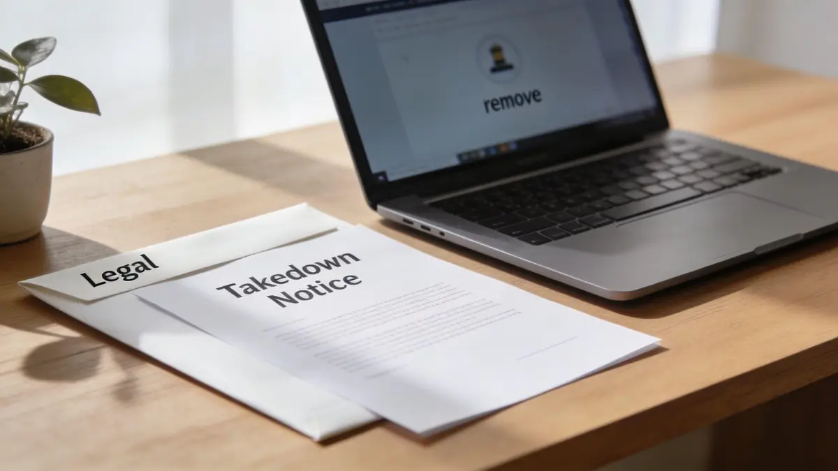 A laptop showing a removal icon and a printed takedown notice document on a wooden desk.