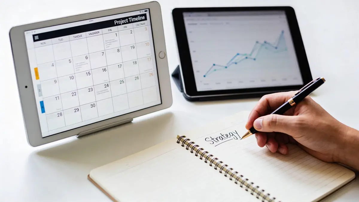 A person writing strategy in a notebook with a tablet showing a project timeline and business graphs