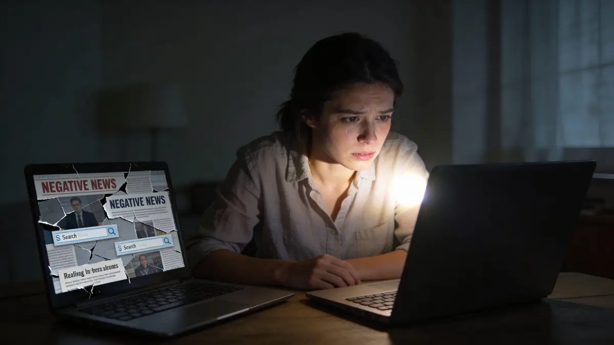 A distressed woman looking at negative news articles on her laptop screen in a dark room.