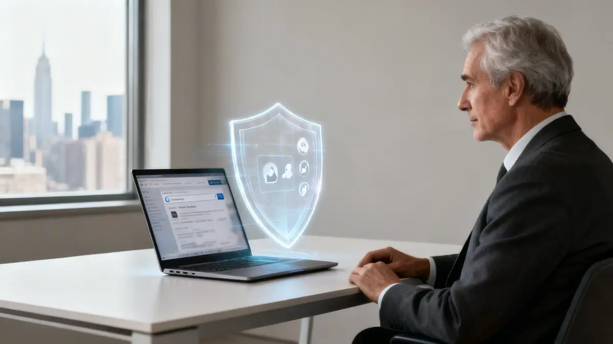 Elderly businessman looking at laptop with glowing security shield against a cityscape backdrop.
