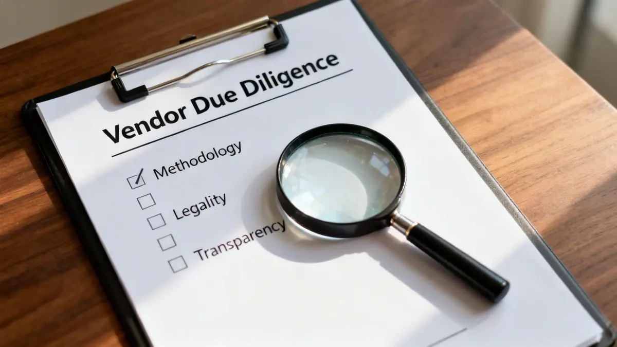 Close-up of a Vendor Due Diligence checklist with 'Methodology' checked, beside a magnifying glass.