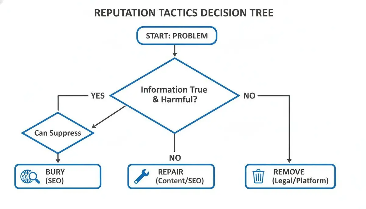 Reputation tactics decision tree flowchart showing steps to bury, repair, or remove online information.