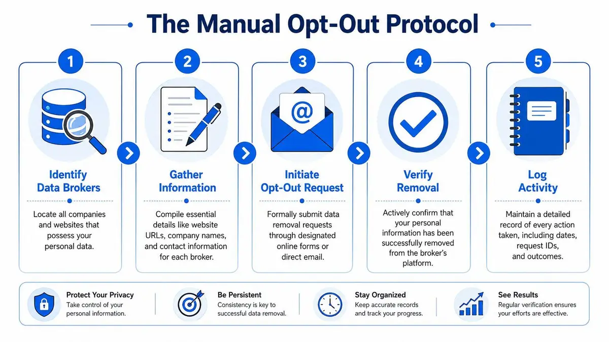 An infographic showing a five-step manual opt-out protocol for removing personal data from data broker websites.