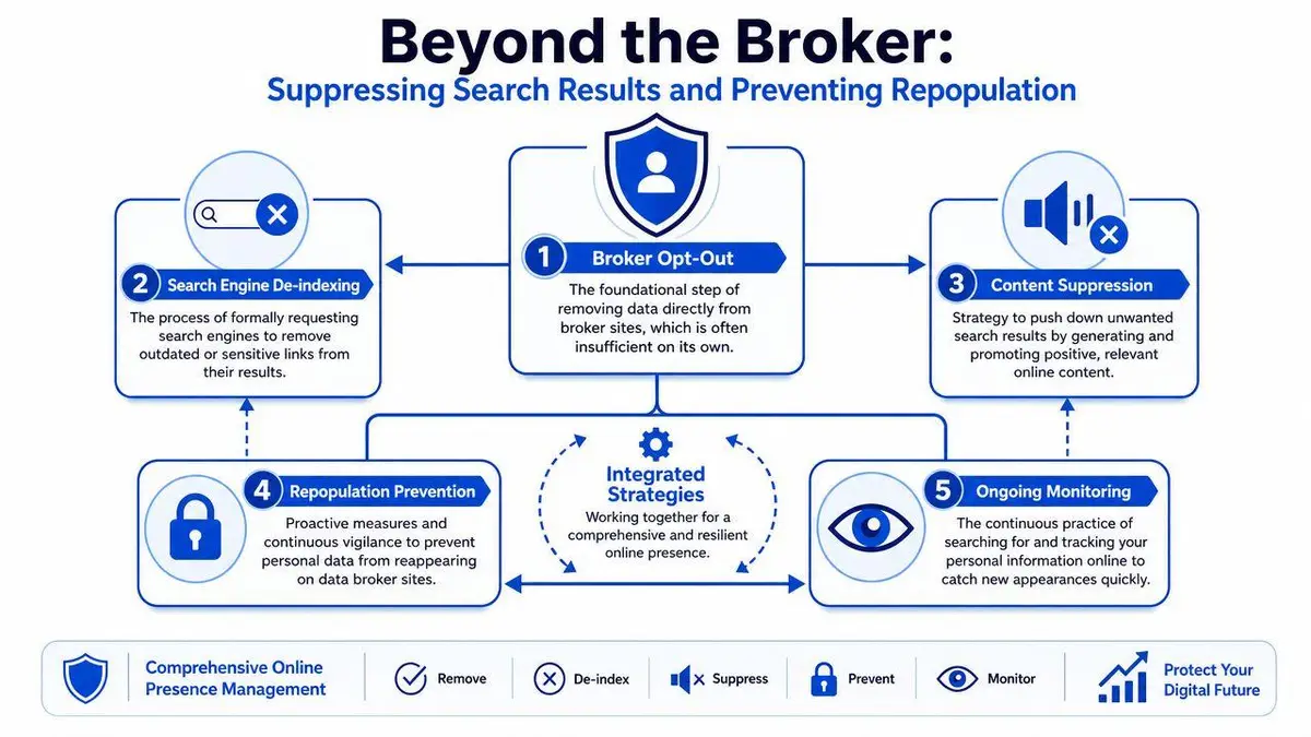 An infographic detailing a five-step strategy to suppress search results and prevent data broker repopulation.