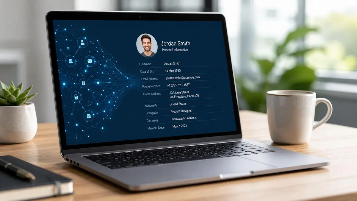 A laptop screen displaying a digital profile of Jordan Smith with personal details and network graphics.