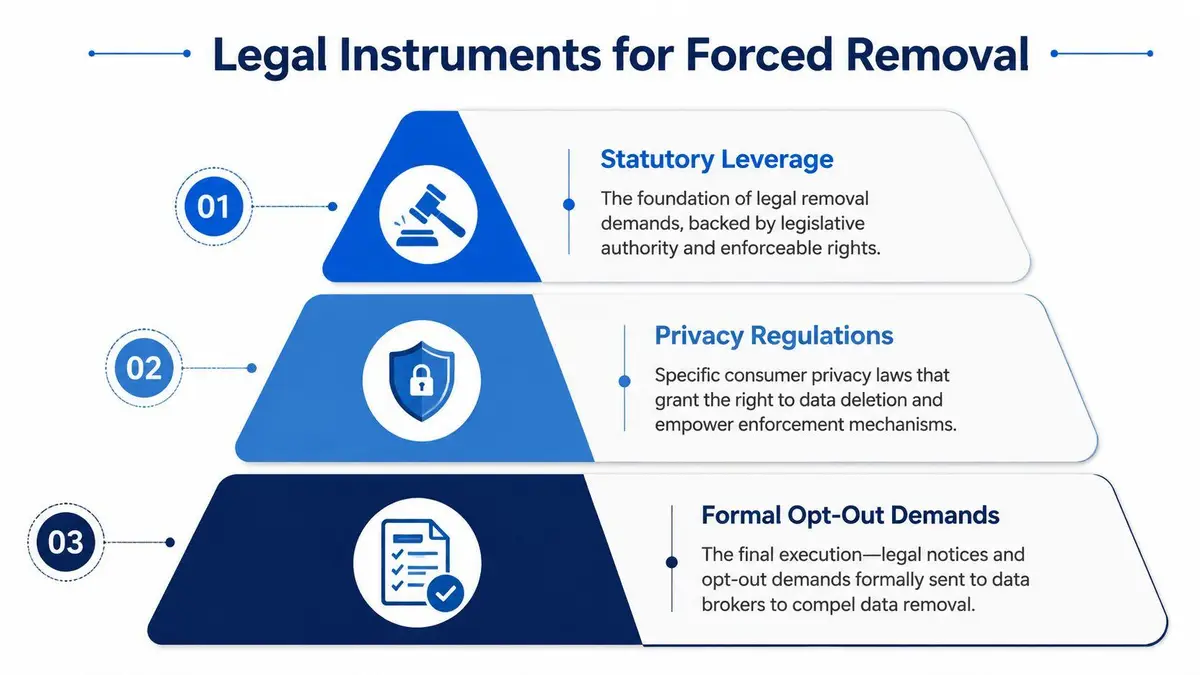 A tiered infographic illustrating the three legal instruments for the forced removal of personal information from data brokers.