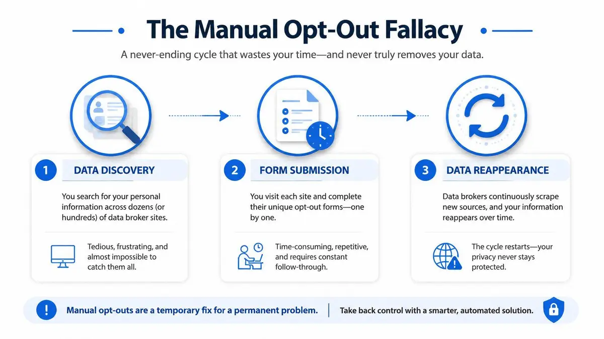 An infographic illustrating the three steps of the manual data broker opt-out process and its limitations.