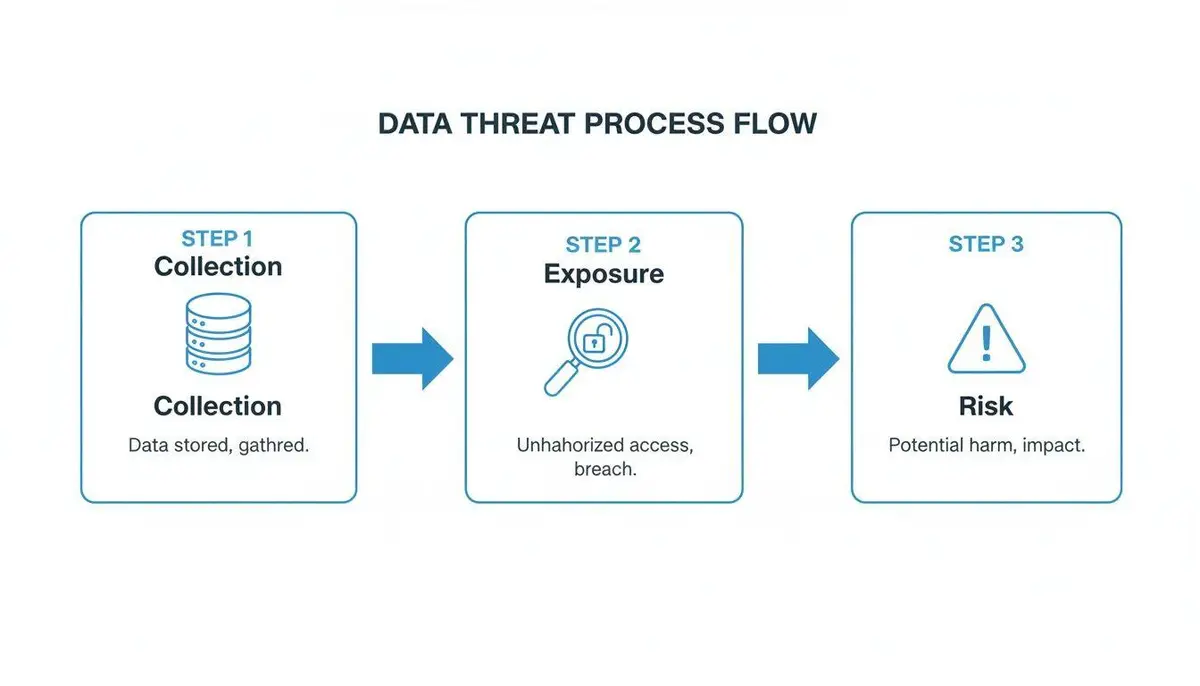 A diagram illustrating the three-step data threat process flow: collection, exposure, and risk.