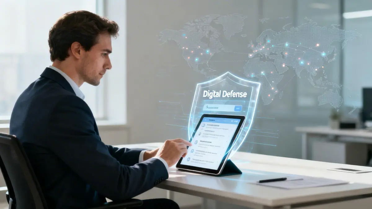 Businessman interacting with a tablet showing 'Digital Defense' on a global network background.