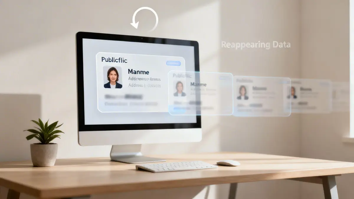 Computer screen displays a woman's profile card, with multiple fading copies suggesting reappearing data.