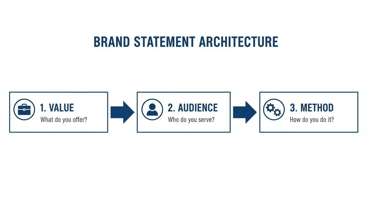 A diagram outlining brand statement architecture, detailing value, audience, and method as key components.