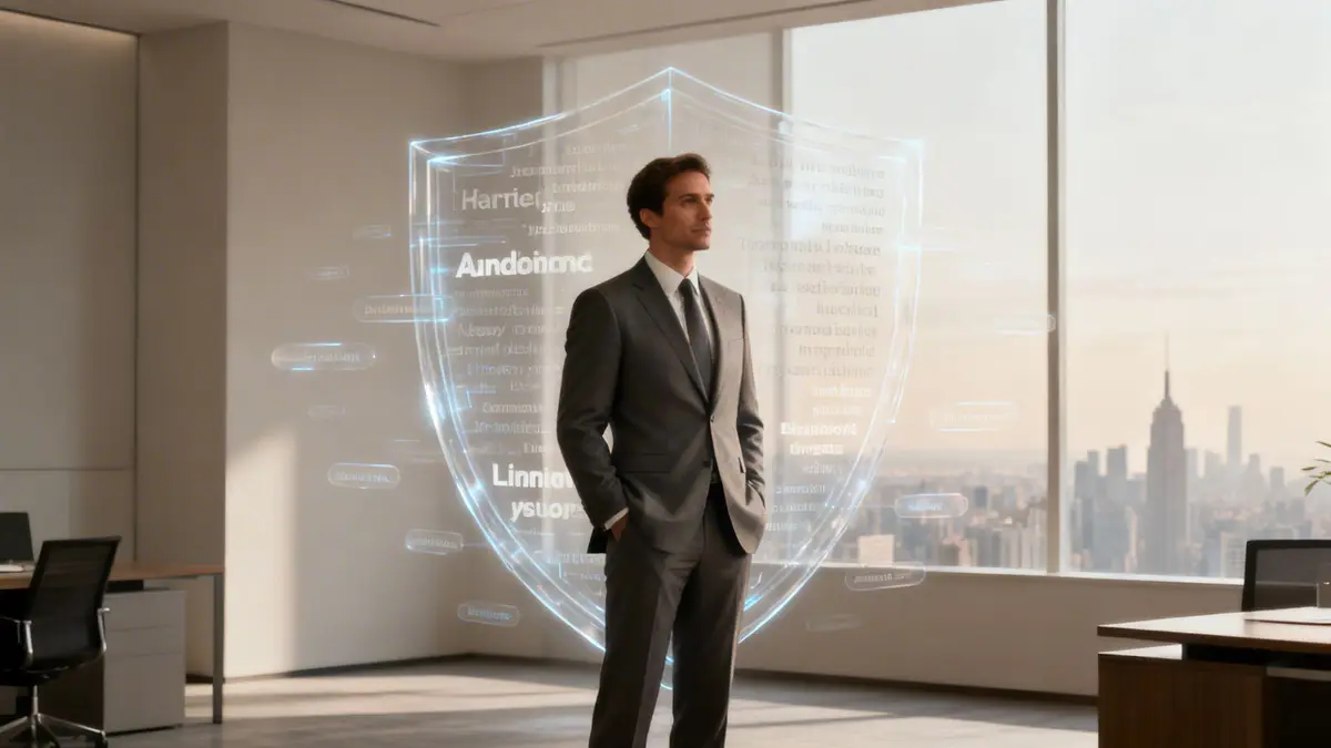 A businessman in a suit stands in a modern office, surrounded by a holographic data shield, with a city skyline view.