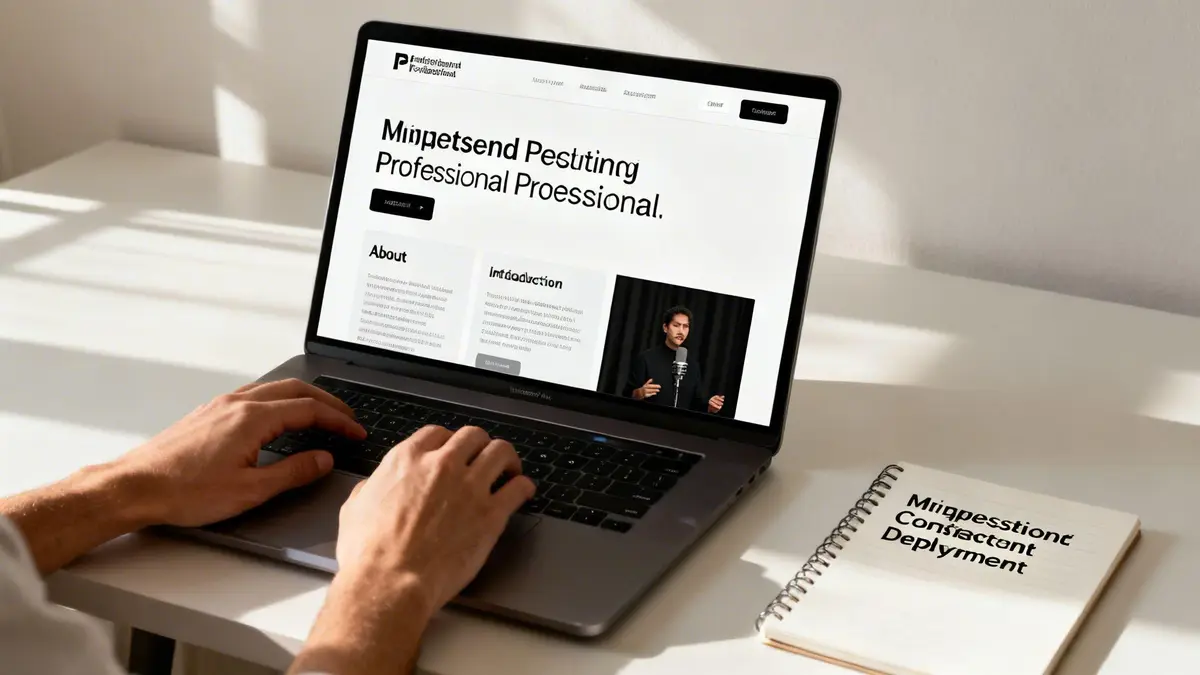 Person's hands typing on a laptop displaying a professional website with personal branding content.