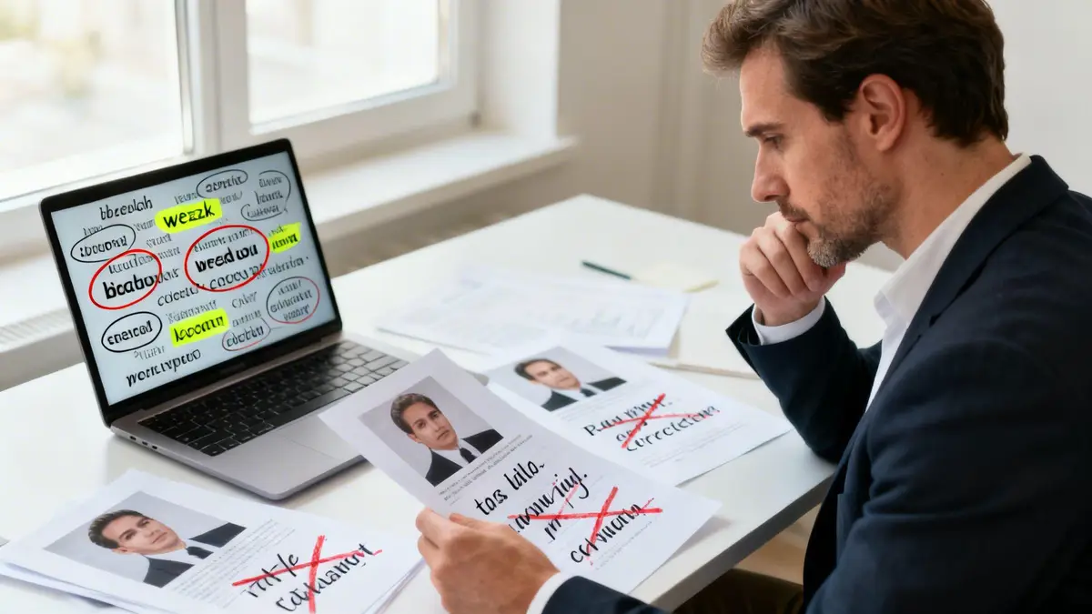 Man reviewing documents with red crosses, next to a laptop displaying highlighted words for analysis.