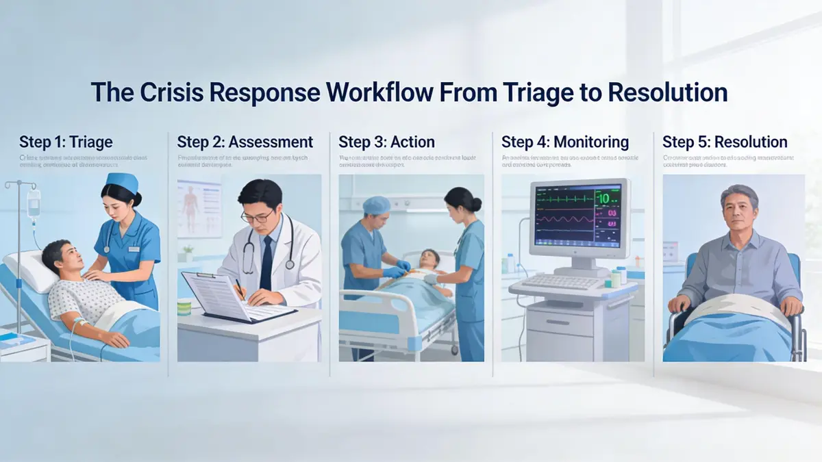 A five-step medical workflow illustration showing triage, assessment, action, monitoring, and patient resolution in a hospital.
