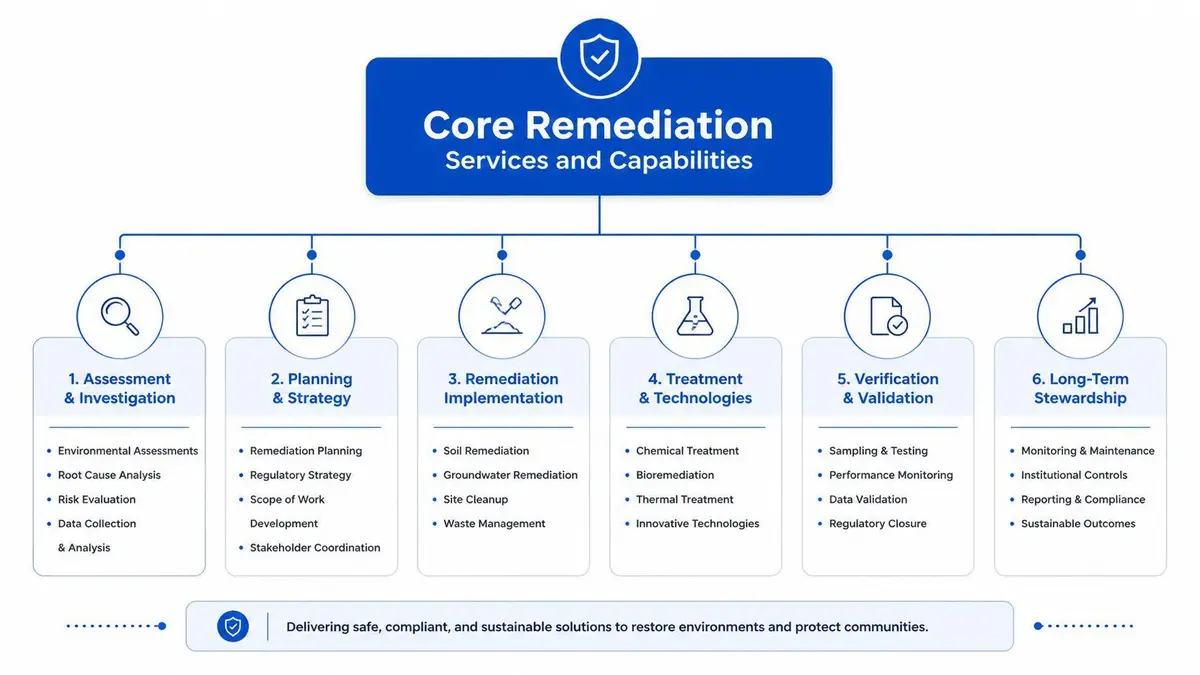 An organizational chart showing six steps of core remediation services and capabilities for environmental project management.