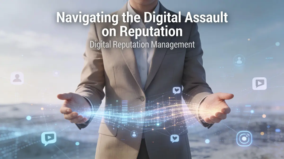 A professional in a suit holding a digital network visualization representing digital reputation management and online presence.
