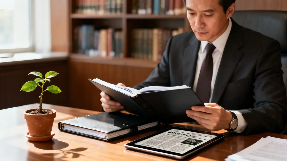 A professional man in a suit reads a book at a wooden desk, surrounded by bookshelves.