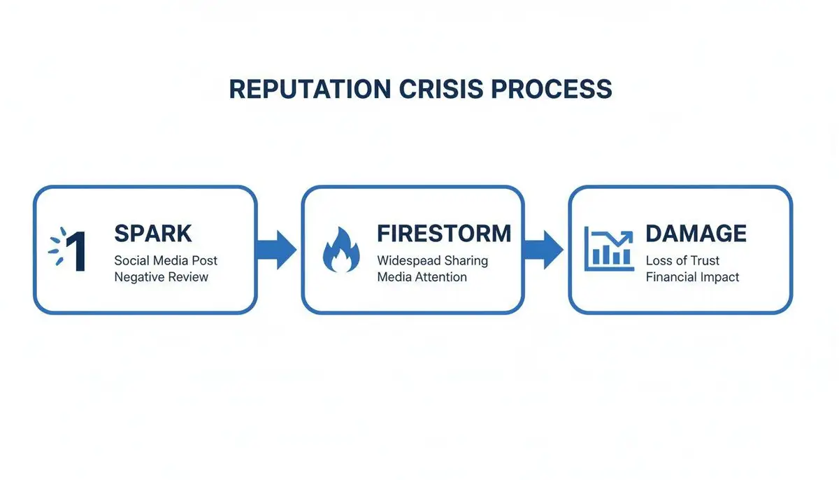 Flowchart illustrating the reputation crisis process with steps: Spark, Firestorm, and Damage, with descriptions.