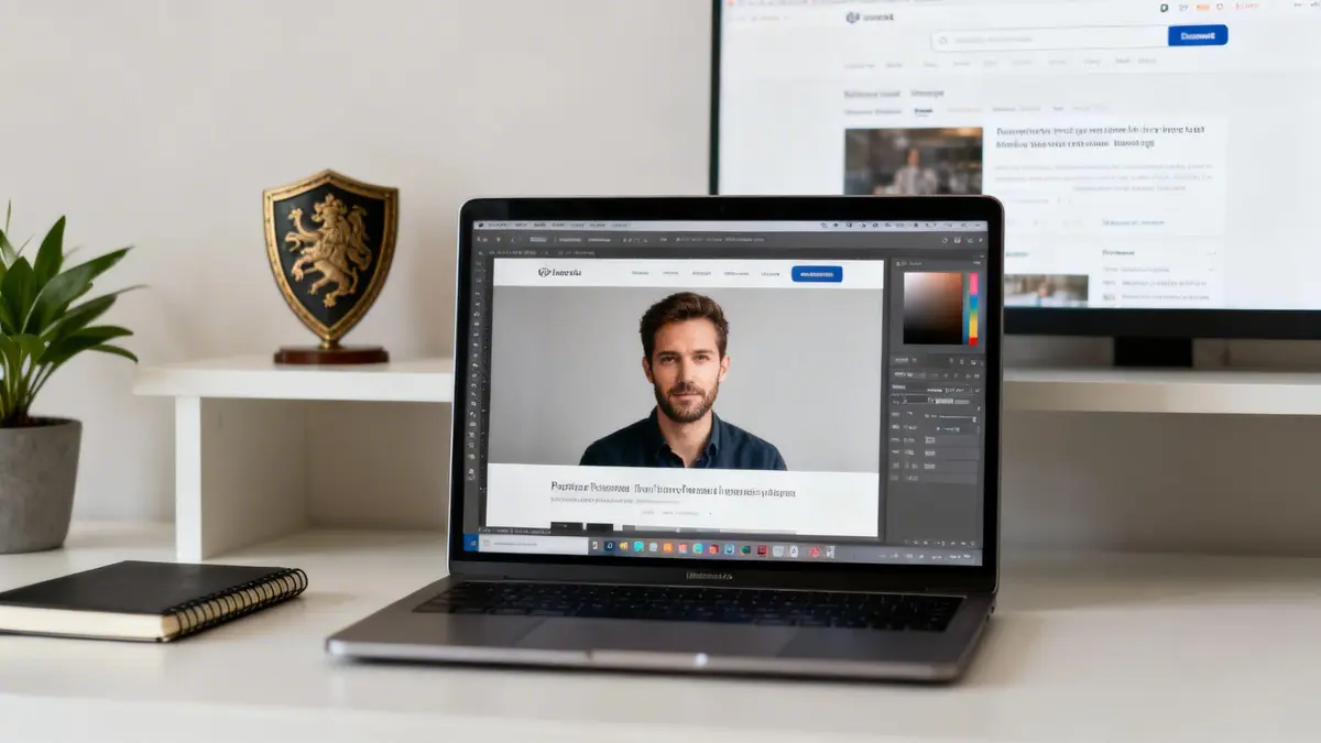 A modern desk setup featuring a laptop displaying web design with a man's photo, an external monitor, and office decor.