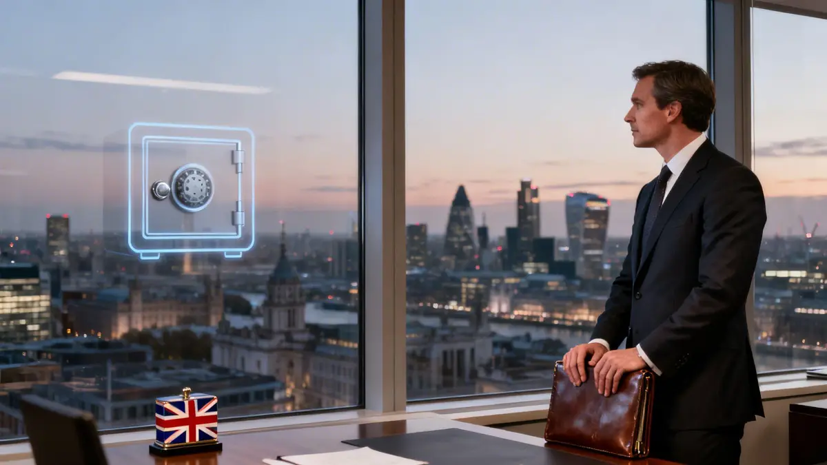 Businessman in a suit overlooks the London cityscape at dusk, with a glowing safe icon.