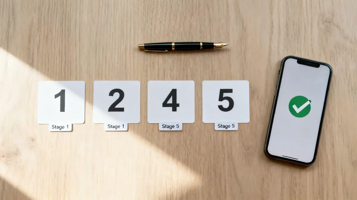 A smartphone with a green checkmark next to numbered stage cards and a fountain pen.